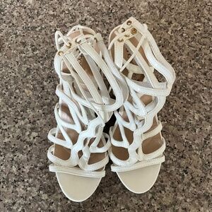 Strappy White Caged Wedge Sandals Heels